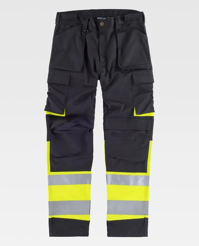 Pantaloni multi-tasca combinati ad alta visibilità Nastri riflettenti di diverse dimensioni Nero Giallo AV