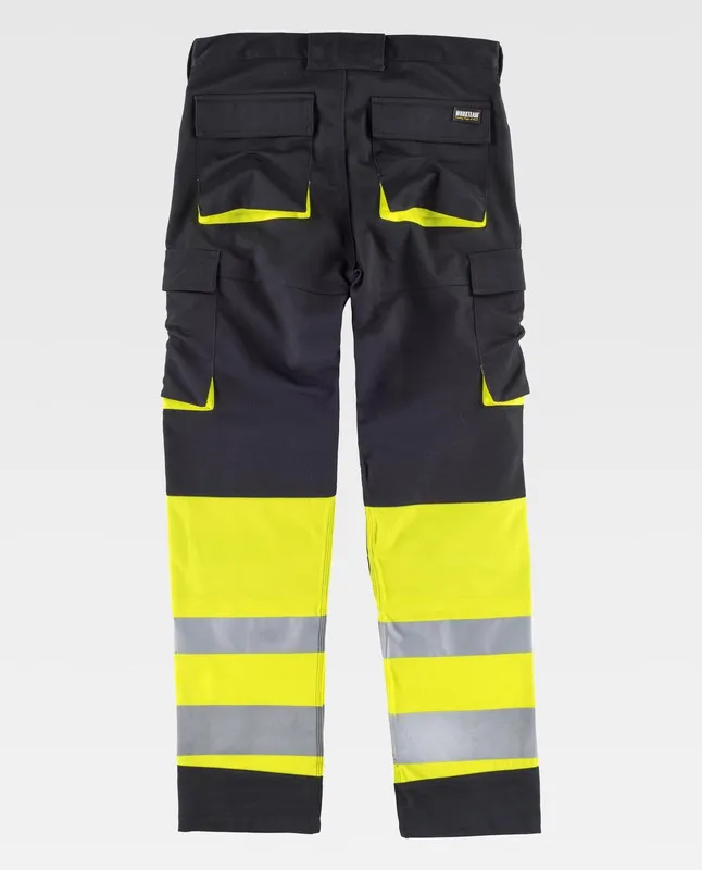 Pantaloni multi-tasca combinati ad alta visibilità Nastri riflettenti di diverse dimensioni Nero Giallo AV