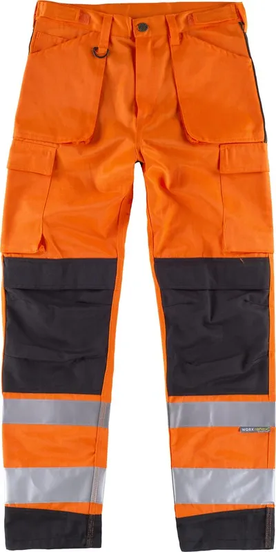 Pantaloni multitasche ad alta visibilità Nastri riflettenti di diverse dimensioni EN ISO 20471: 2013 Arancione AV Nero