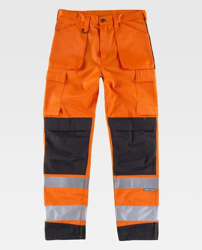Pantaloni multitasche ad alta visibilità Nastri riflettenti di diverse dimensioni EN ISO 20471: 2013 Arancione AV Nero