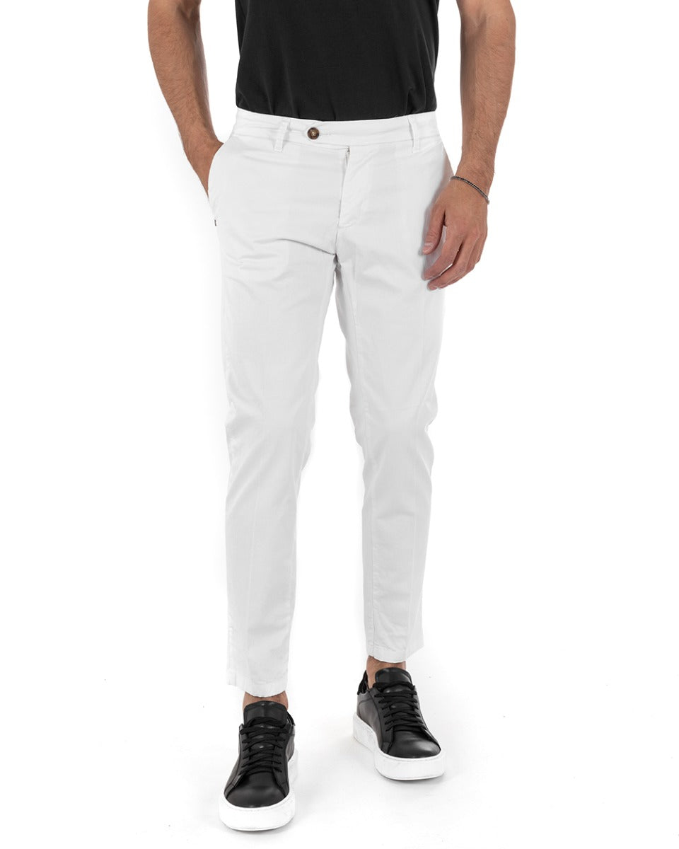 Pantaloni Uomo Cotone Tasca America Abbottonatura Allungata Capri Sartoriale Bianco GIOSAL-P5688A