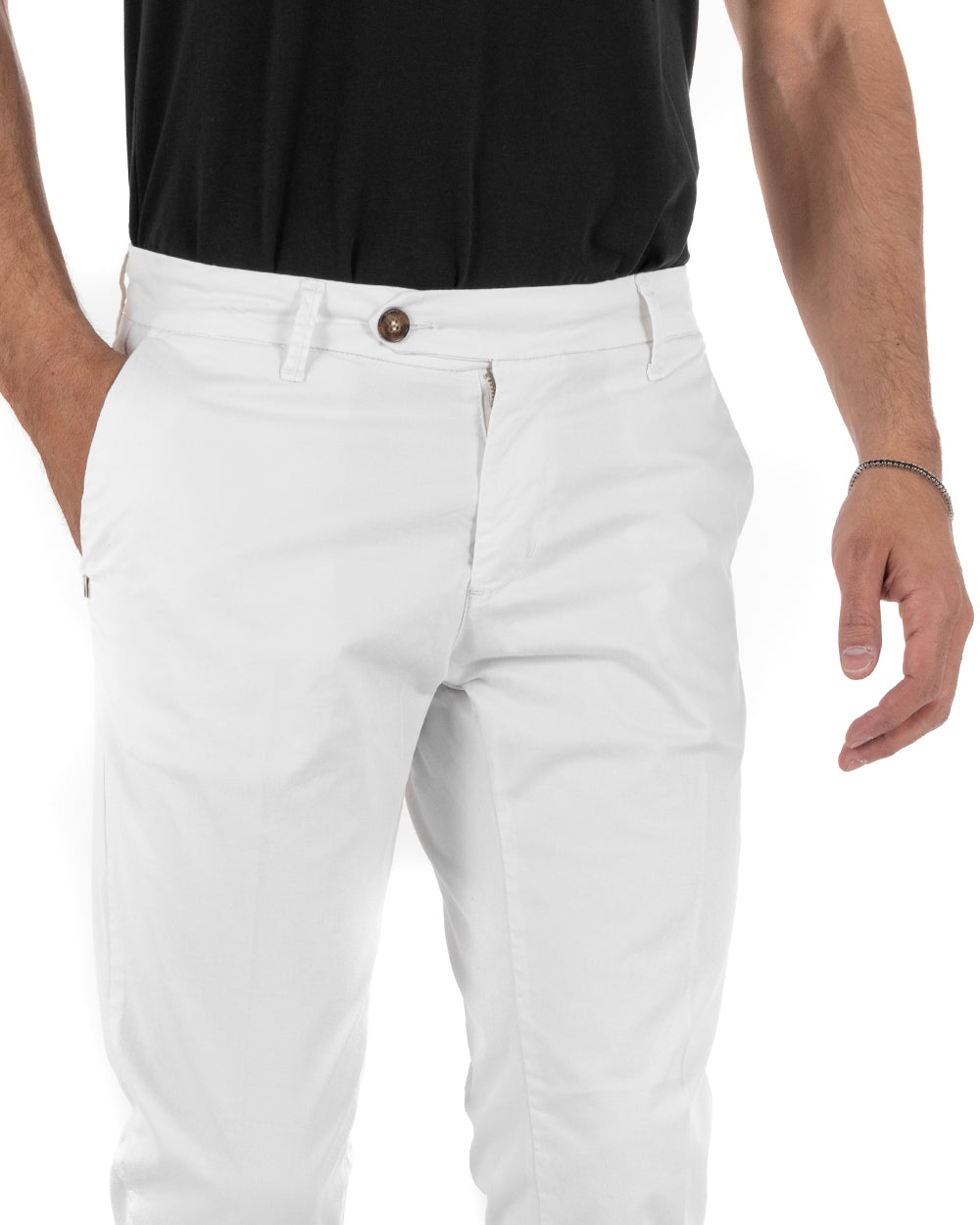 Pantaloni Uomo Cotone Tasca America Abbottonatura Allungata Capri Sartoriale Bianco GIOSAL-P5688A