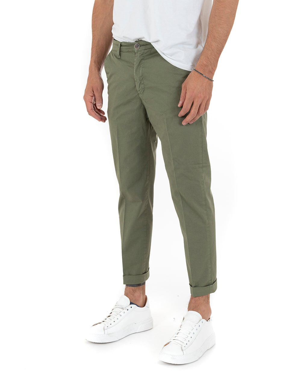 Pantaloni Uomo Cotone Tasca America Chinos Capri Sartoriale Slim Fit Casual Verde GIOSAL-P5692A