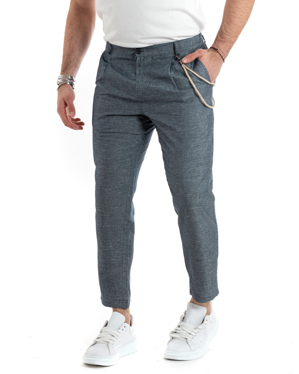 Pantaloni Uomo Lino Lungo Bottone Classico Casual Blu Melangiato GIOSAL-P5796A