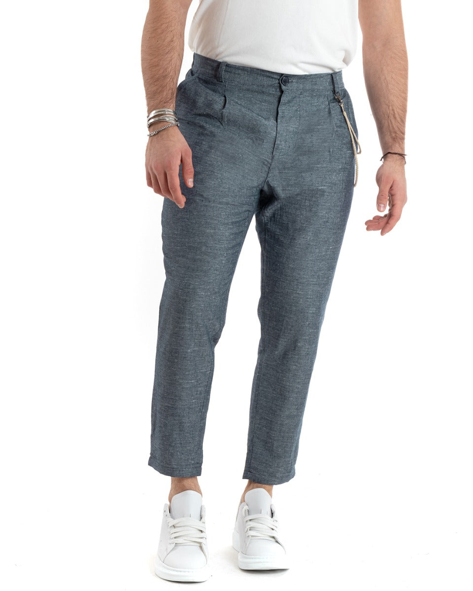 Pantaloni Uomo Lino Lungo Bottone Classico Casual Blu Melangiato GIOSAL-P5796A