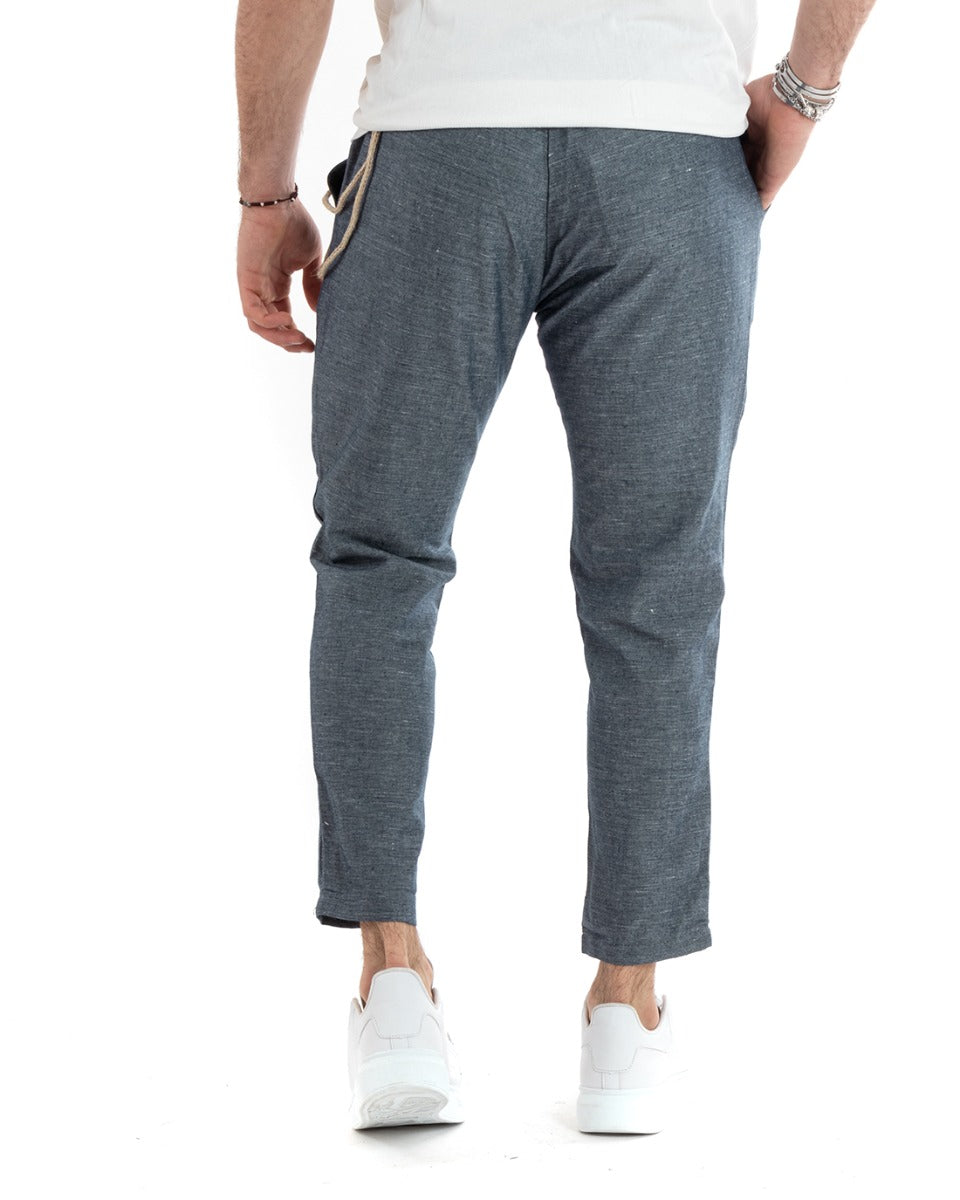 Pantaloni Uomo Lino Lungo Bottone Classico Casual Blu Melangiato GIOSAL-P5796A