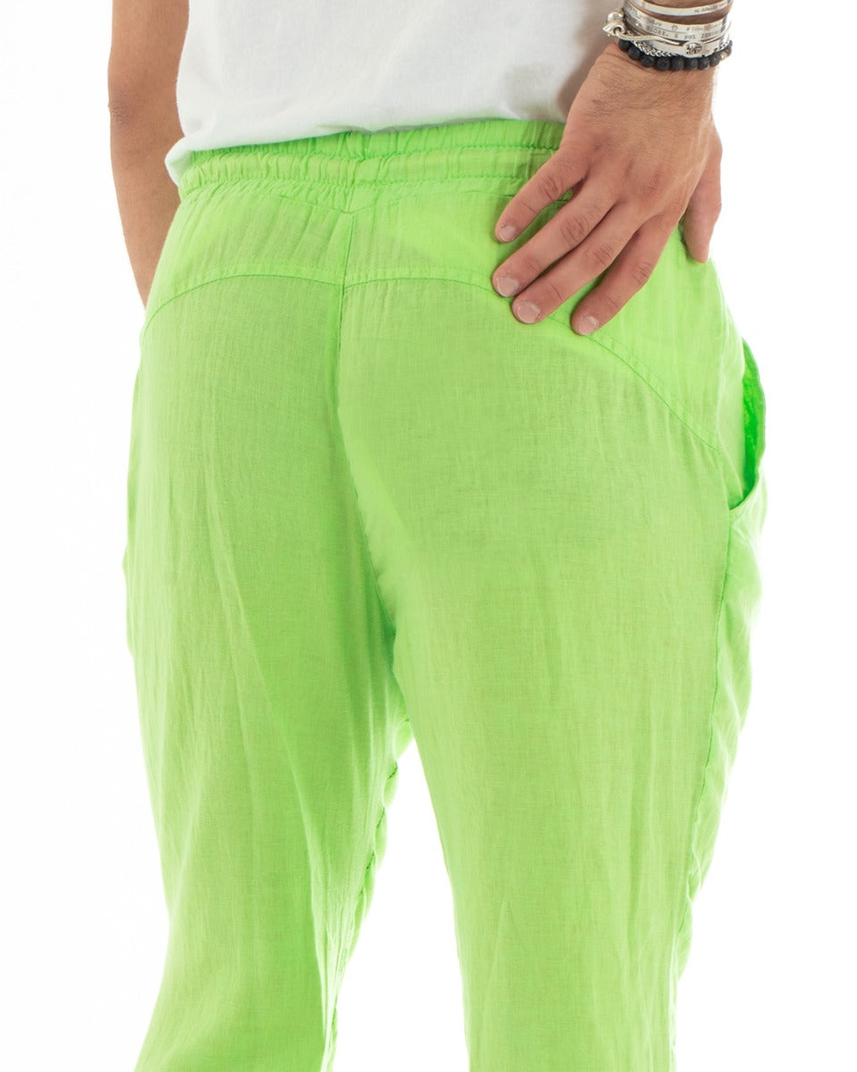 Pantaloni Uomo Lino Pantalaccio Lungo Elastico Verde Acido Casual Sartoriale GIOSAL-P5829A