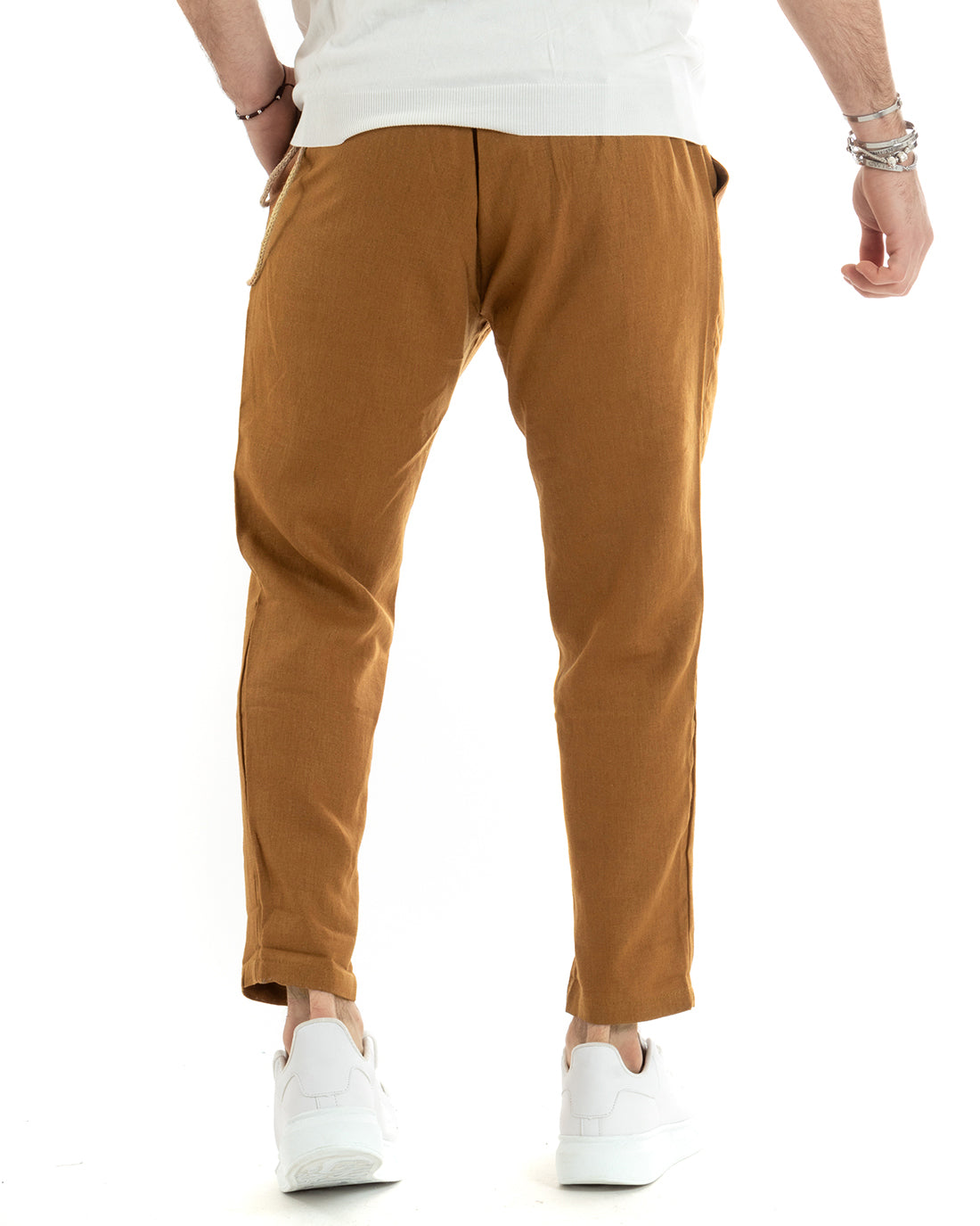 Pantaloni Uomo Lungo Tinta Unita Tabacco Lino Bottone Casual Classico GIOSAL-P5895A
