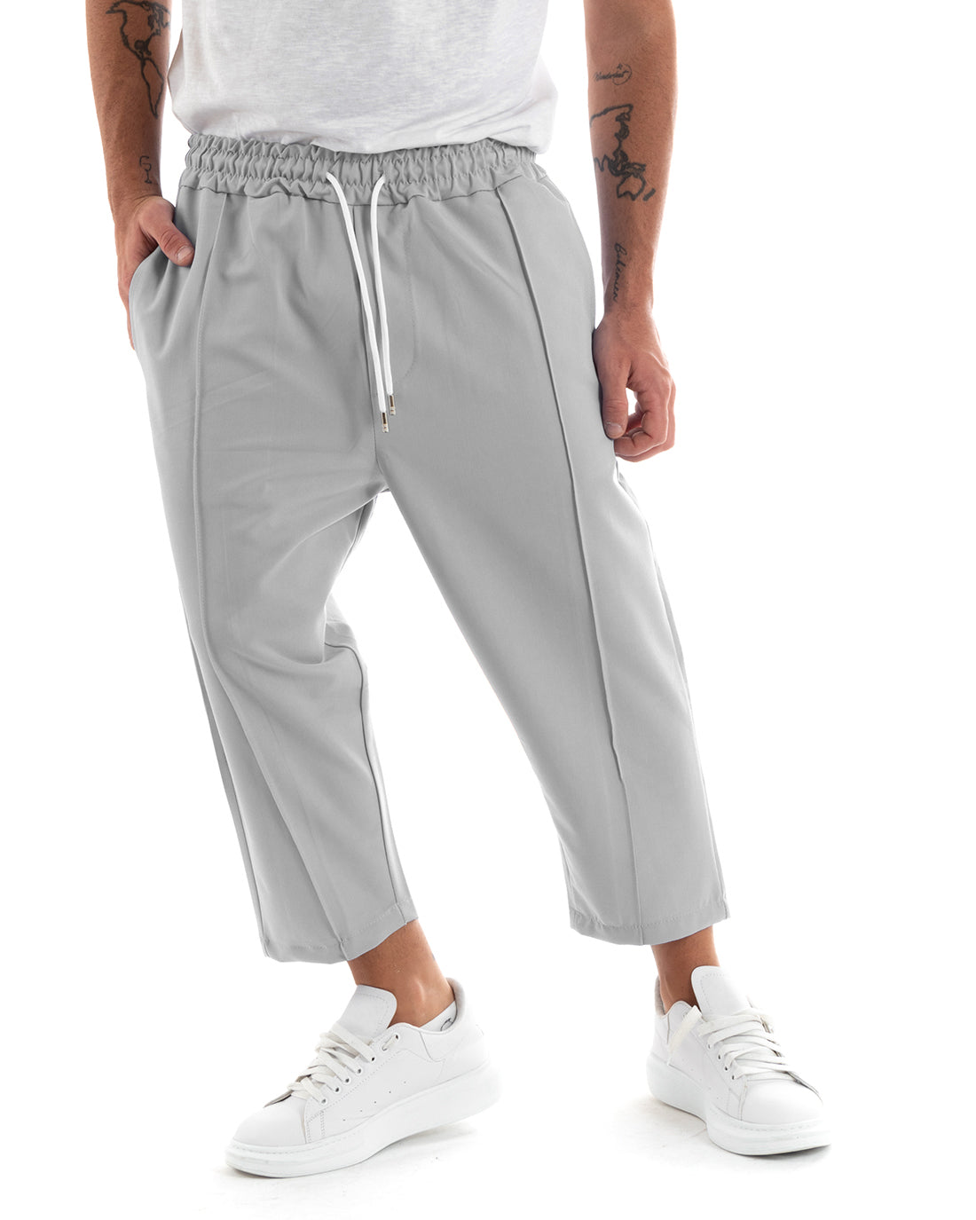 Pantaloni Uomo Pantalaccio Japan Cropped Fondo Ampio Tinta Unita Grigio GIOSAL-P6104A