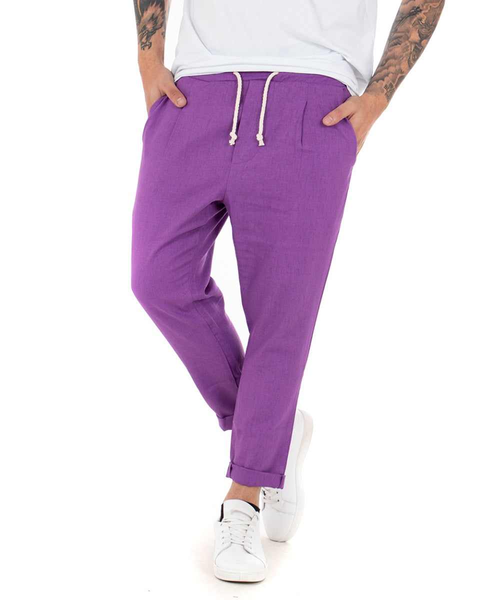 Pantaloni Uomo Pantalaccio Lino Lungo Jogger Elastico Sartoriale Casual Tinta Unita Viola GIOSAL-P3801A
