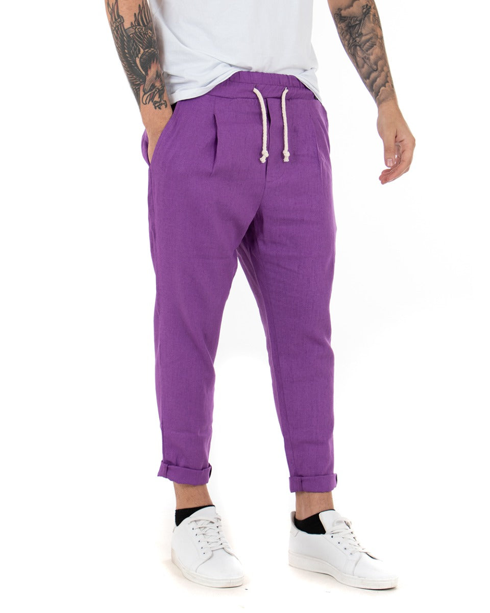 Pantaloni Uomo Pantalaccio Lino Lungo Jogger Elastico Sartoriale Casual Tinta Unita Viola GIOSAL-P3801A