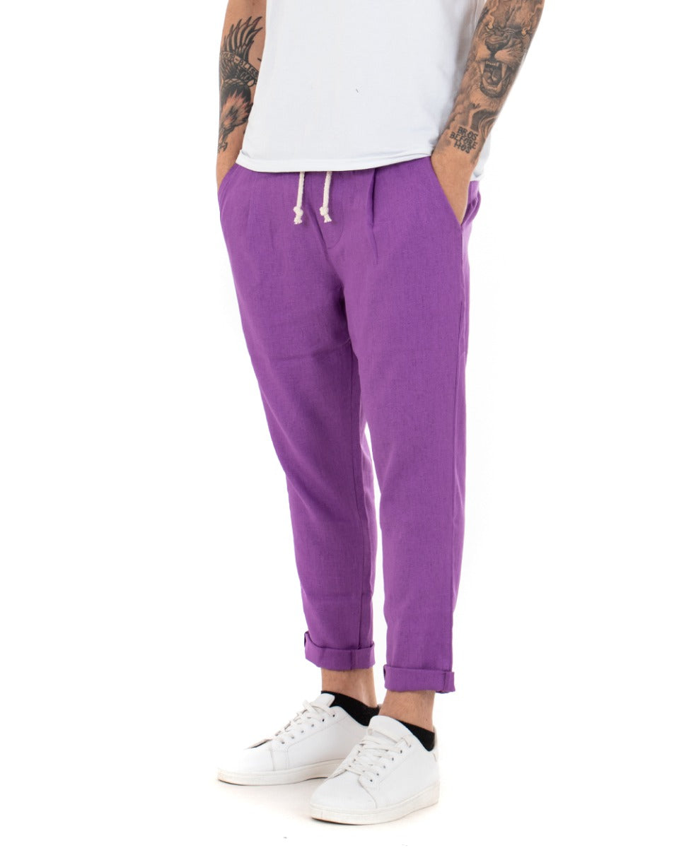 Pantaloni Uomo Pantalaccio Lino Lungo Jogger Elastico Sartoriale Casual Tinta Unita Viola GIOSAL-P3801A
