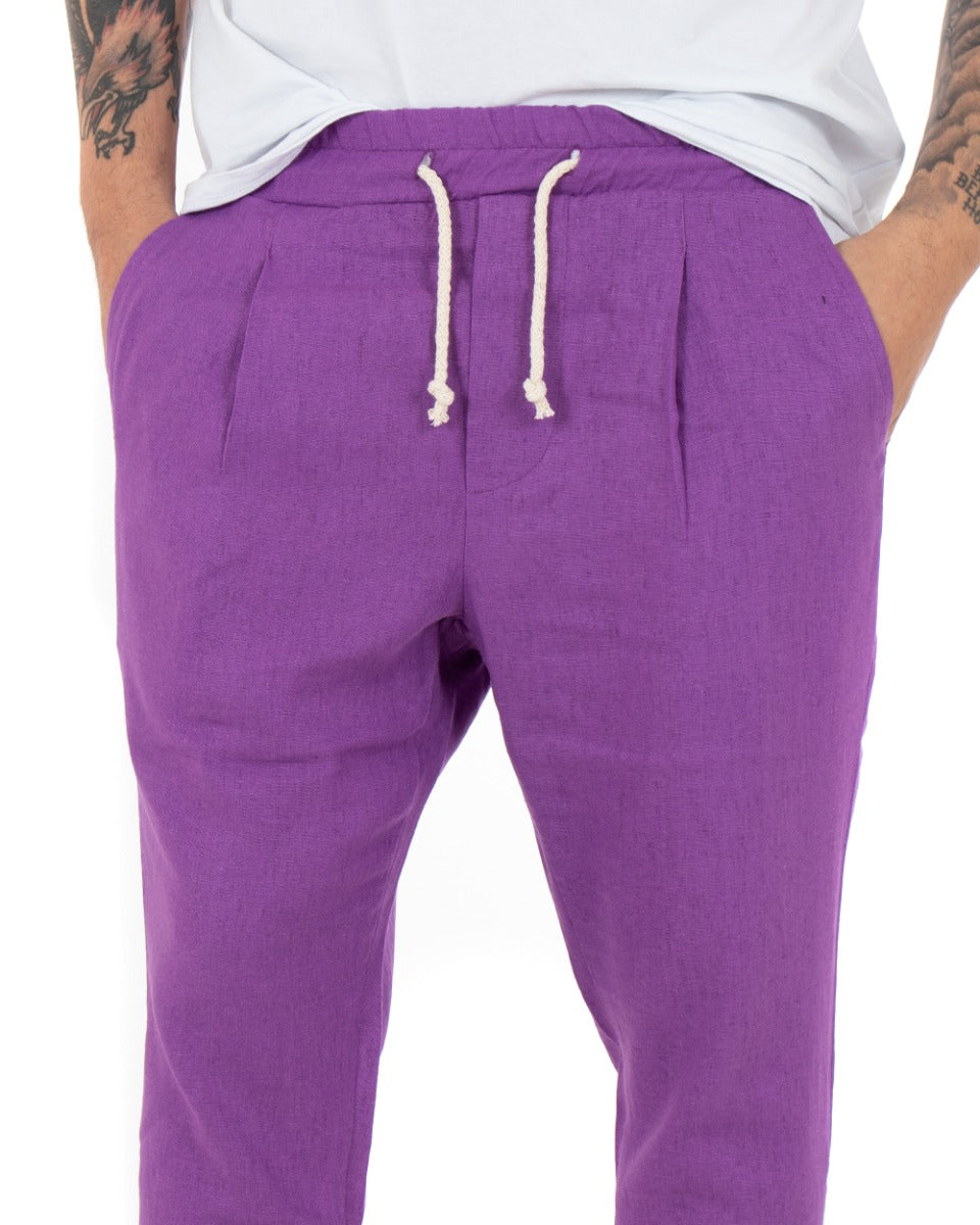 Pantaloni Uomo Pantalaccio Lino Lungo Jogger Elastico Sartoriale Casual Tinta Unita Viola GIOSAL-P3801A