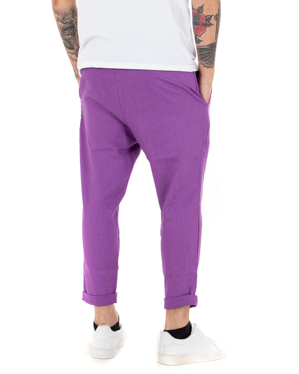 Pantaloni Uomo Pantalaccio Lino Lungo Jogger Elastico Sartoriale Casual Tinta Unita Viola GIOSAL-P3801A