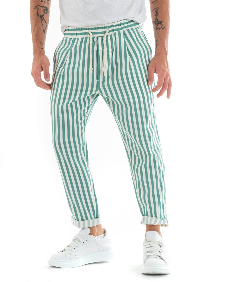 Pantaloni Uomo Pantalaccio Lungo Coulisse Elastico Cotone Viscosa Rigato Verde GIOSAL-P5870A