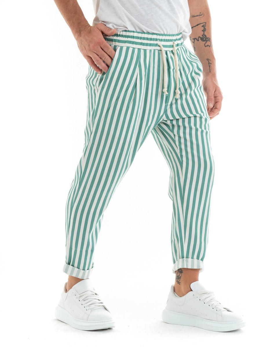 Pantaloni Uomo Pantalaccio Lungo Coulisse Elastico Cotone Viscosa Rigato Verde GIOSAL-P5870A