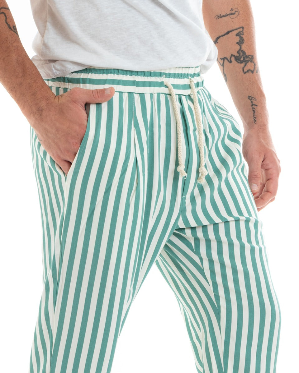 Pantaloni Uomo Pantalaccio Lungo Coulisse Elastico Cotone Viscosa Rigato Verde GIOSAL-P5870A