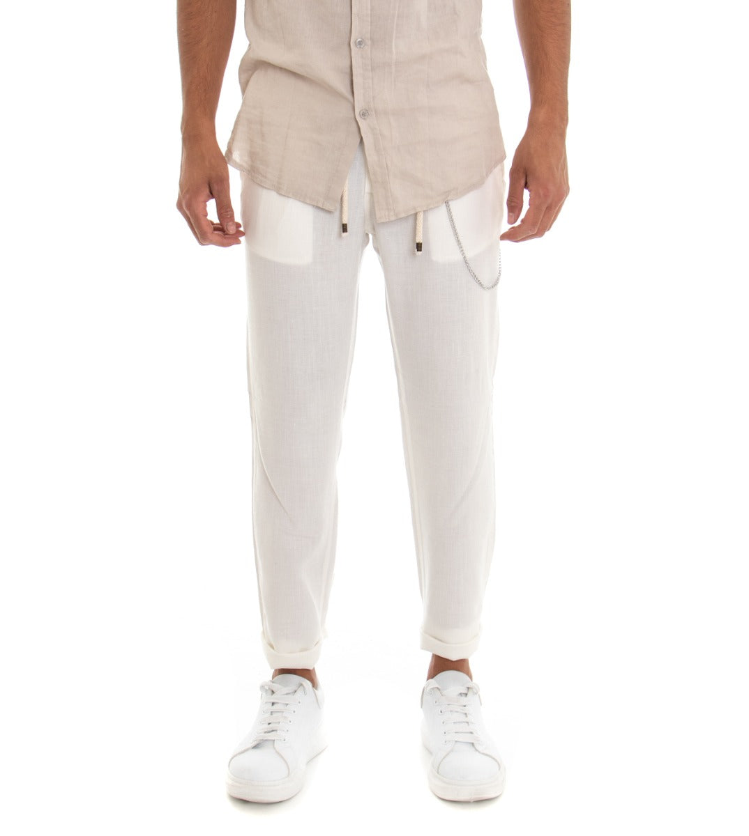 Pantaloni Uomo Tasca America Basic Tinta Unita Bianco Lino Coulisse GIOSAL-P3006A