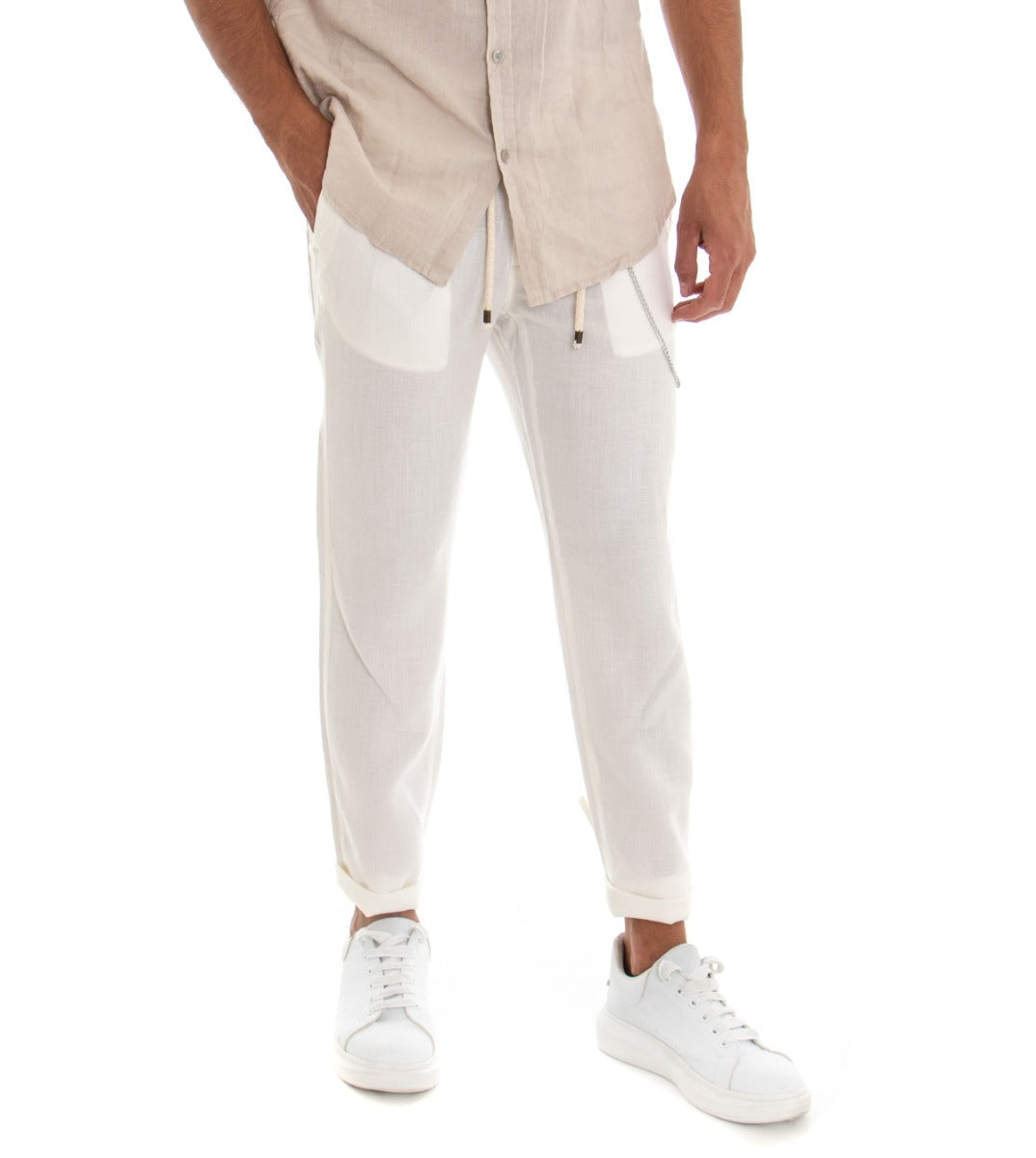 Pantaloni Uomo Tasca America Basic Tinta Unita Bianco Lino Coulisse GIOSAL-P3006A