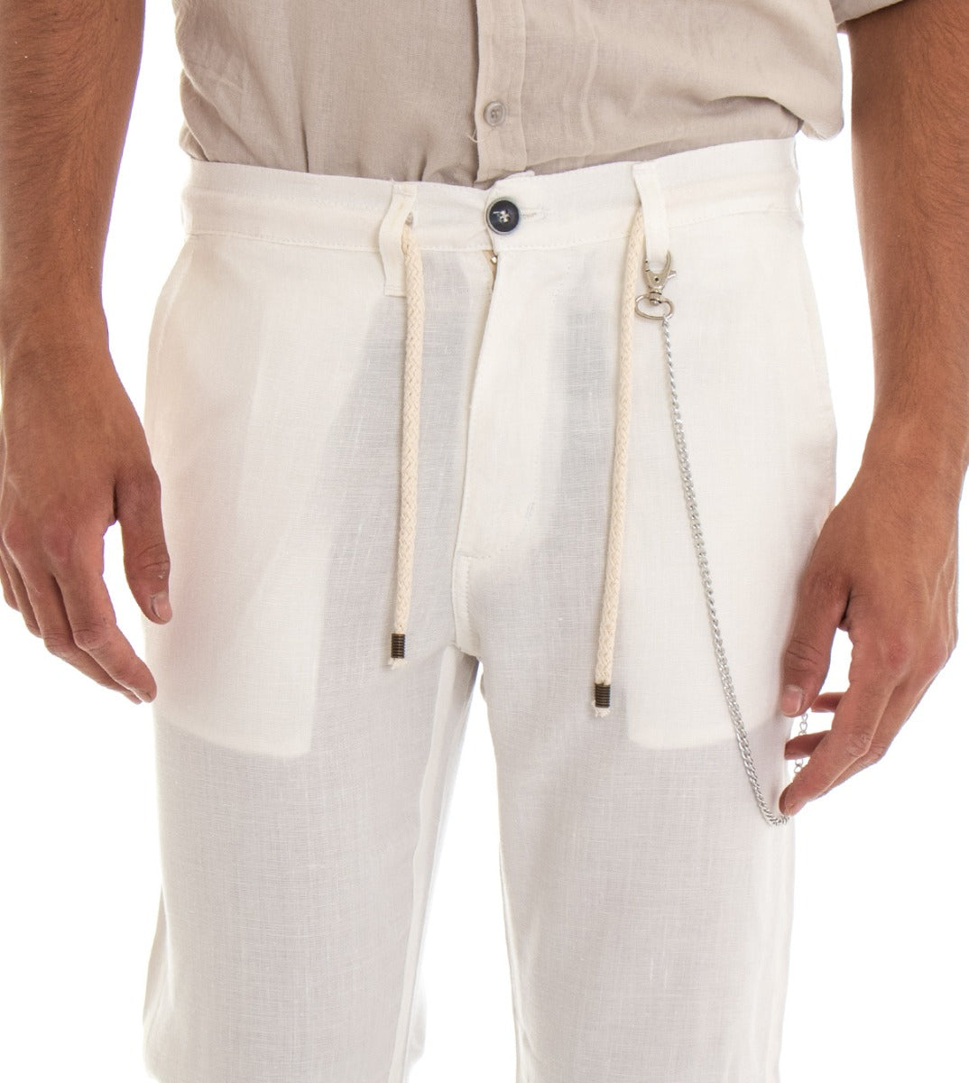 Pantaloni Uomo Tasca America Basic Tinta Unita Bianco Lino Coulisse GIOSAL-P3006A