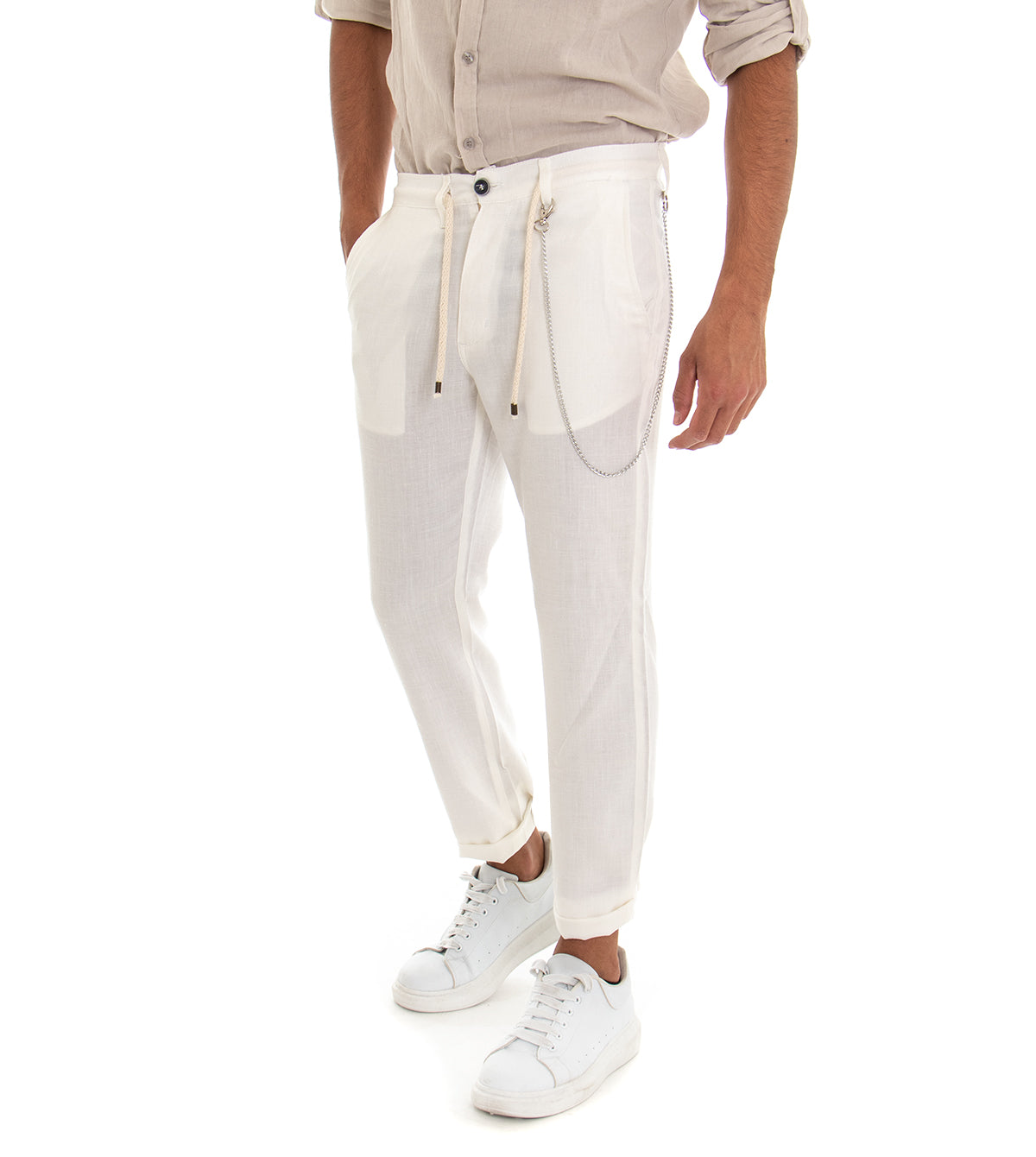 Pantaloni Uomo Tasca America Basic Tinta Unita Bianco Lino Coulisse GIOSAL-P3006A