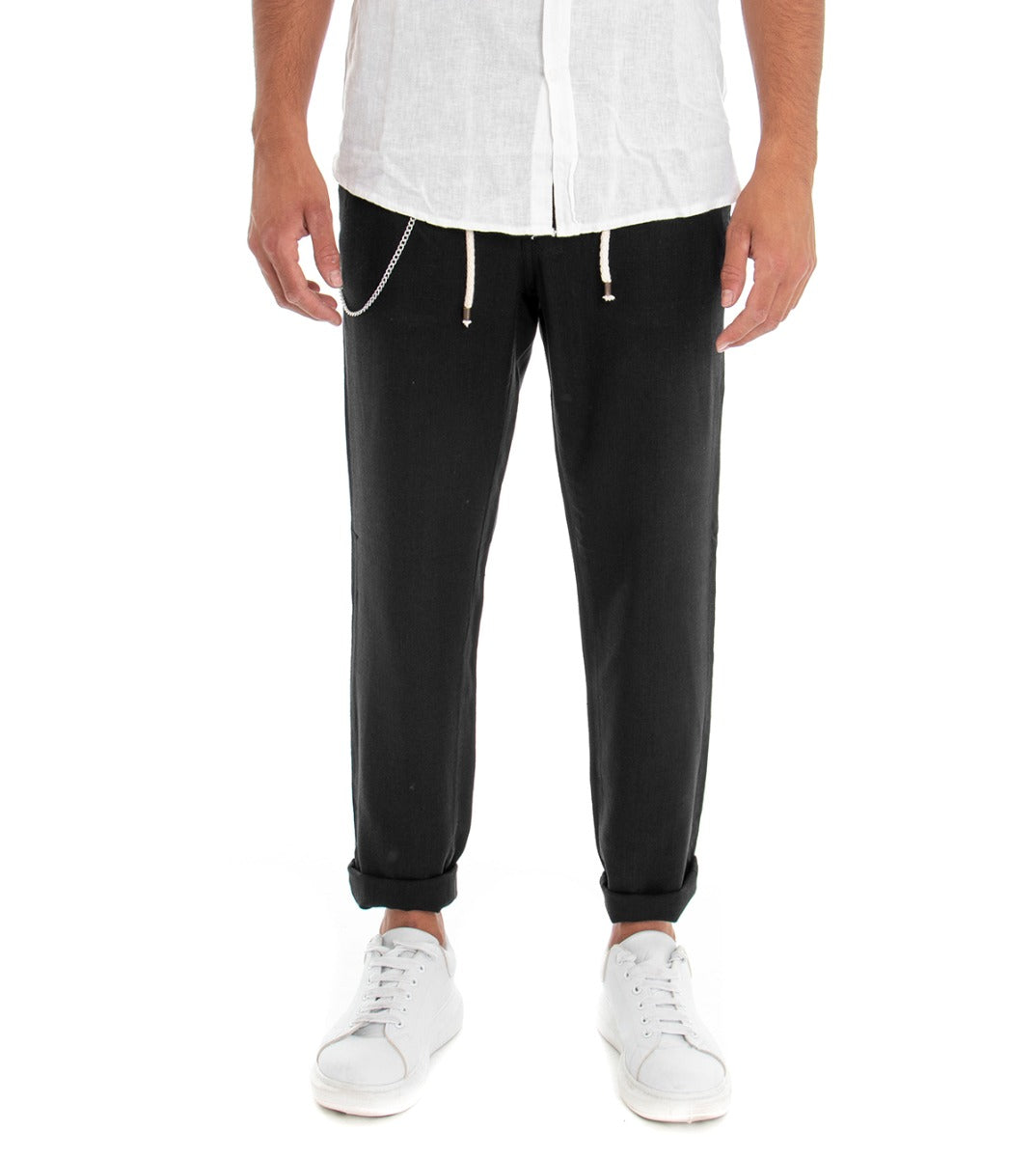 Pantaloni Uomo Tasca America Basic Tinta Unita Nero Lino Coulisse GIOSAL-P3008A