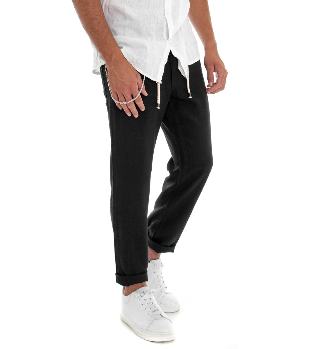 Pantaloni Uomo Tasca America Basic Tinta Unita Nero Lino Coulisse GIOSAL-P3008A