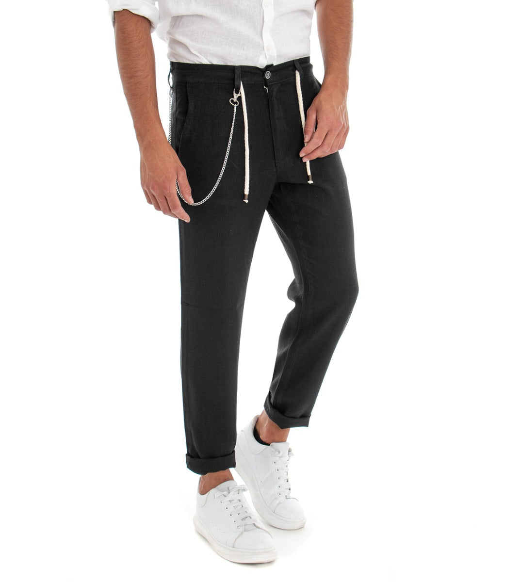 Pantaloni Uomo Tasca America Basic Tinta Unita Nero Lino Coulisse GIOSAL-P3008A
