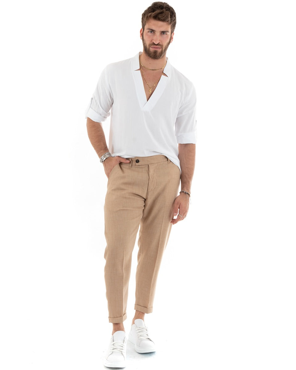 Pantaloni Uomo Viscosa Loose Fit Tasca America Abbottonatura Allungata Camel GIOSAL-P5763A