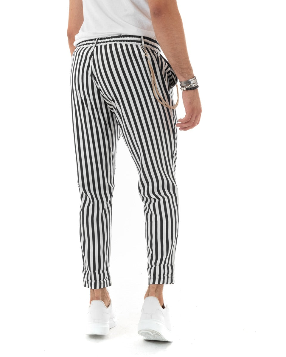 Pantaloni Uomo Viscosa Rigato Bicolore Nero Catena Elegante Casual Elastico Sul Retro GIOSAL-P5885A