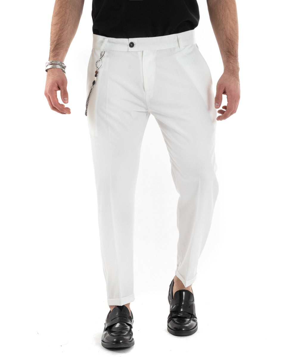 Pantaloni Uomo Viscosa Tasca America Classico Abbottonatura Allungata Casual Bianco GIOSAL-P5659A