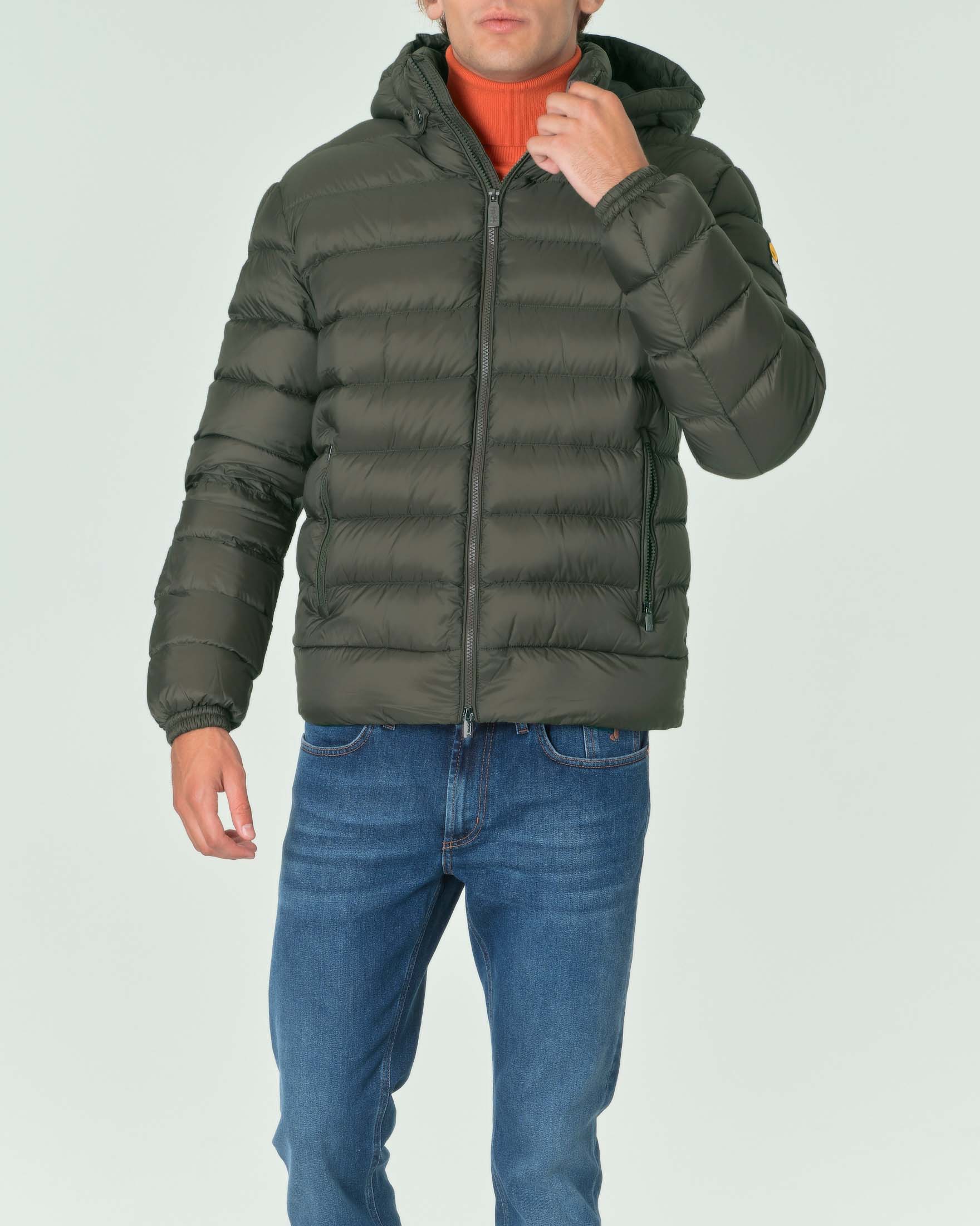 Piumino Ned verde militare imbottito in piuma 800fill power con cappuccio staccabile