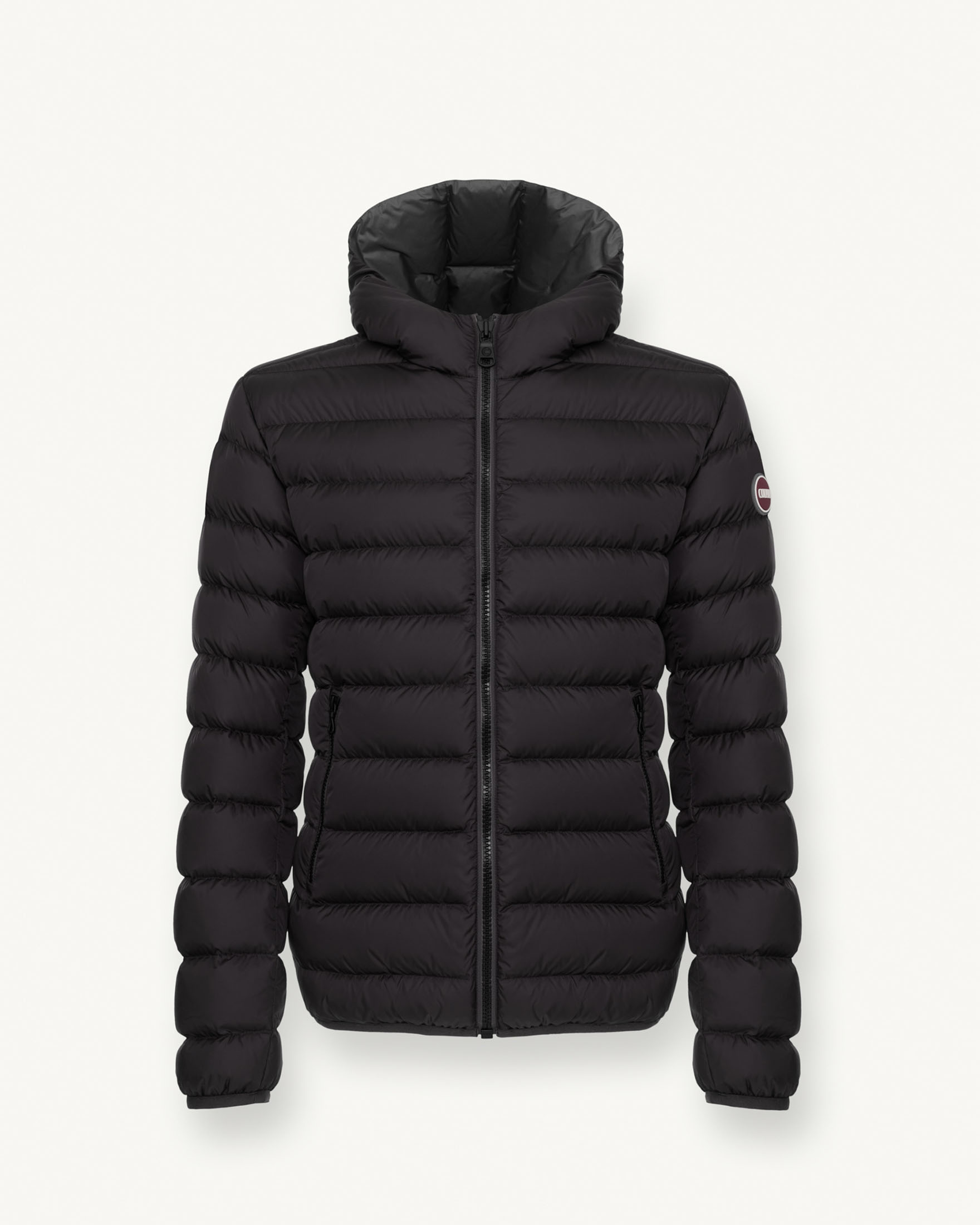Piumino nero con cappuccio in nylon semilucido con fodera antracite