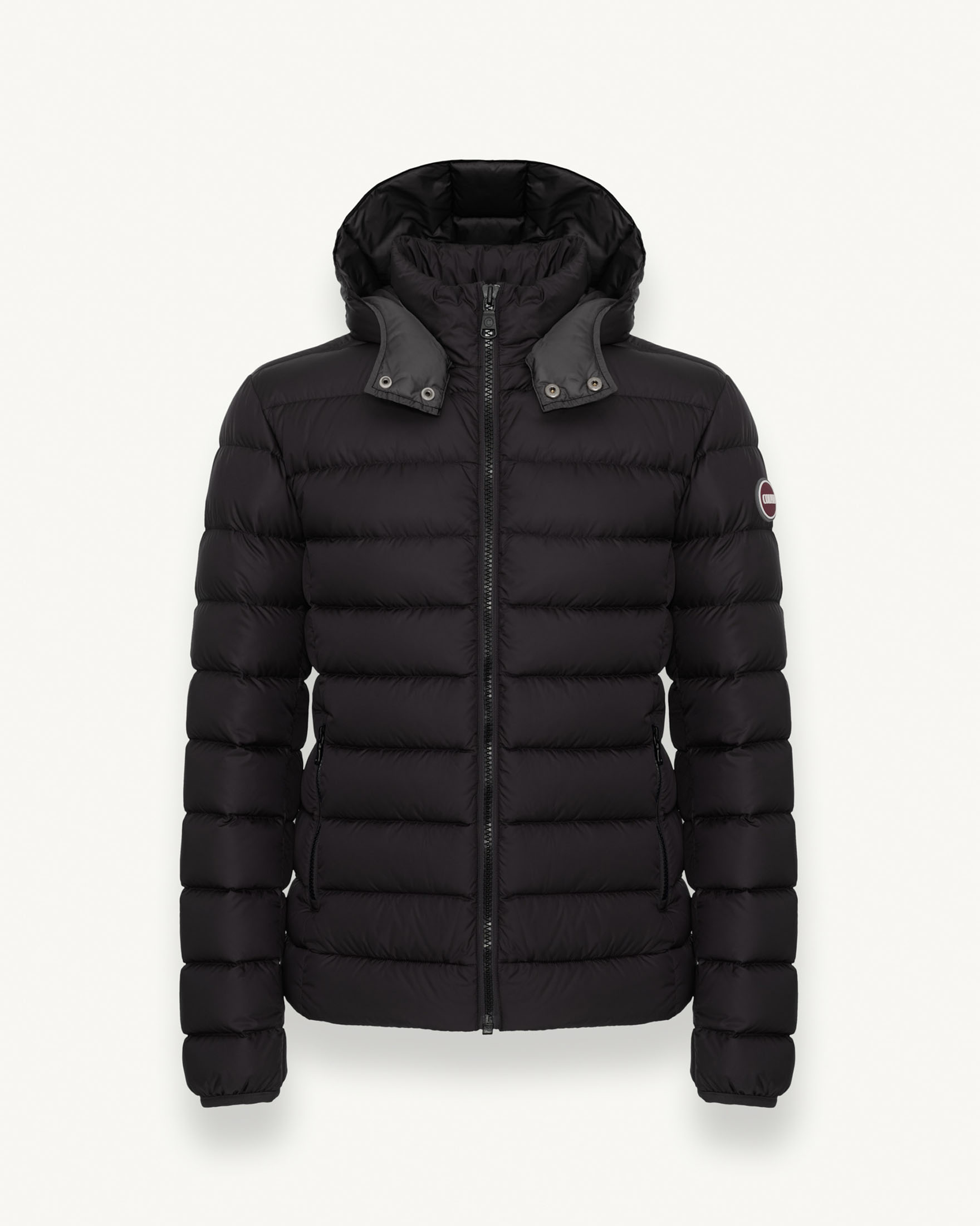 Piumino nero in nylon semilucido con cappuccio staccabile