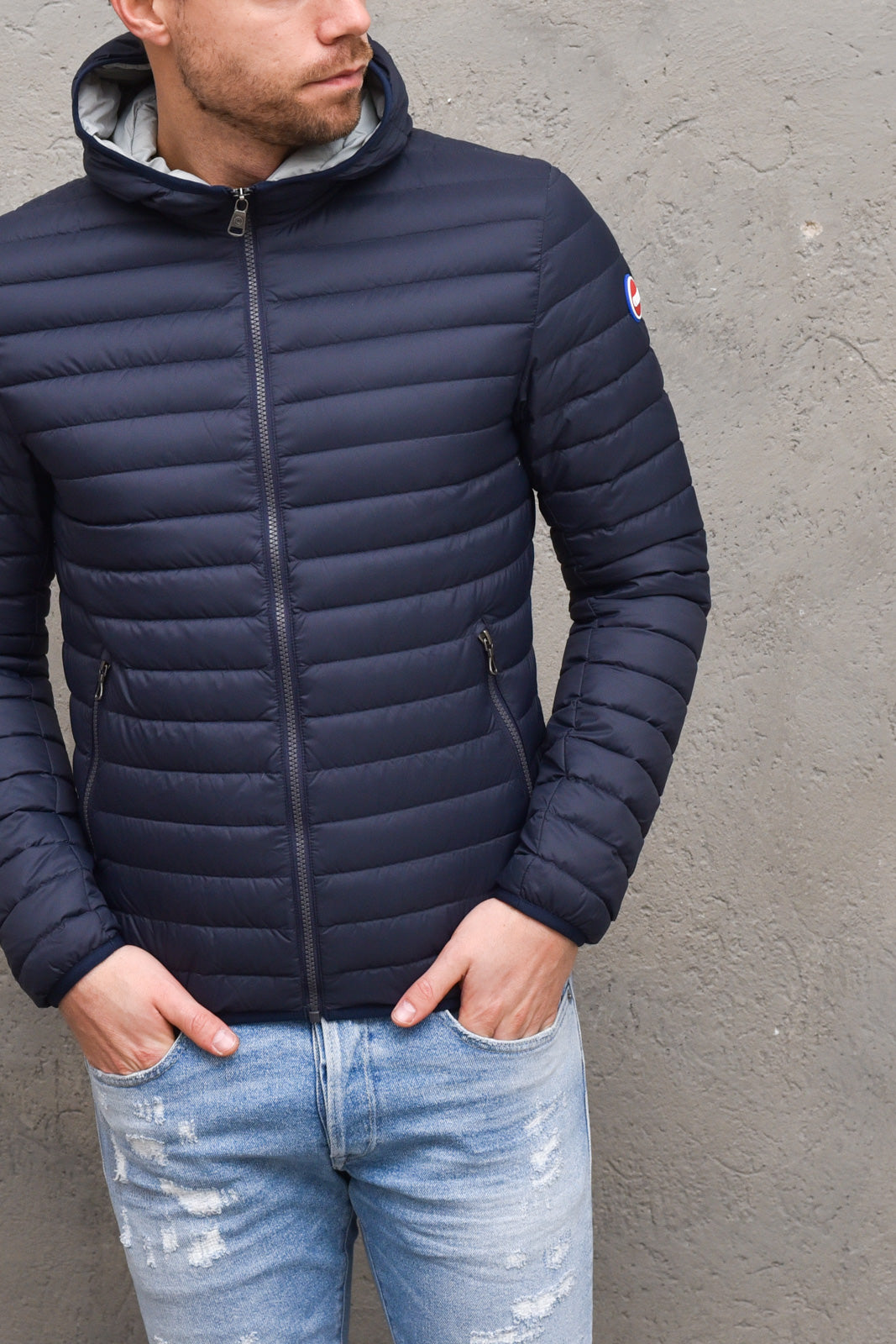 Piumino uomo imbottito 100%  piuma d'anatra con cappuccio - 1277RNAVY/BLUE