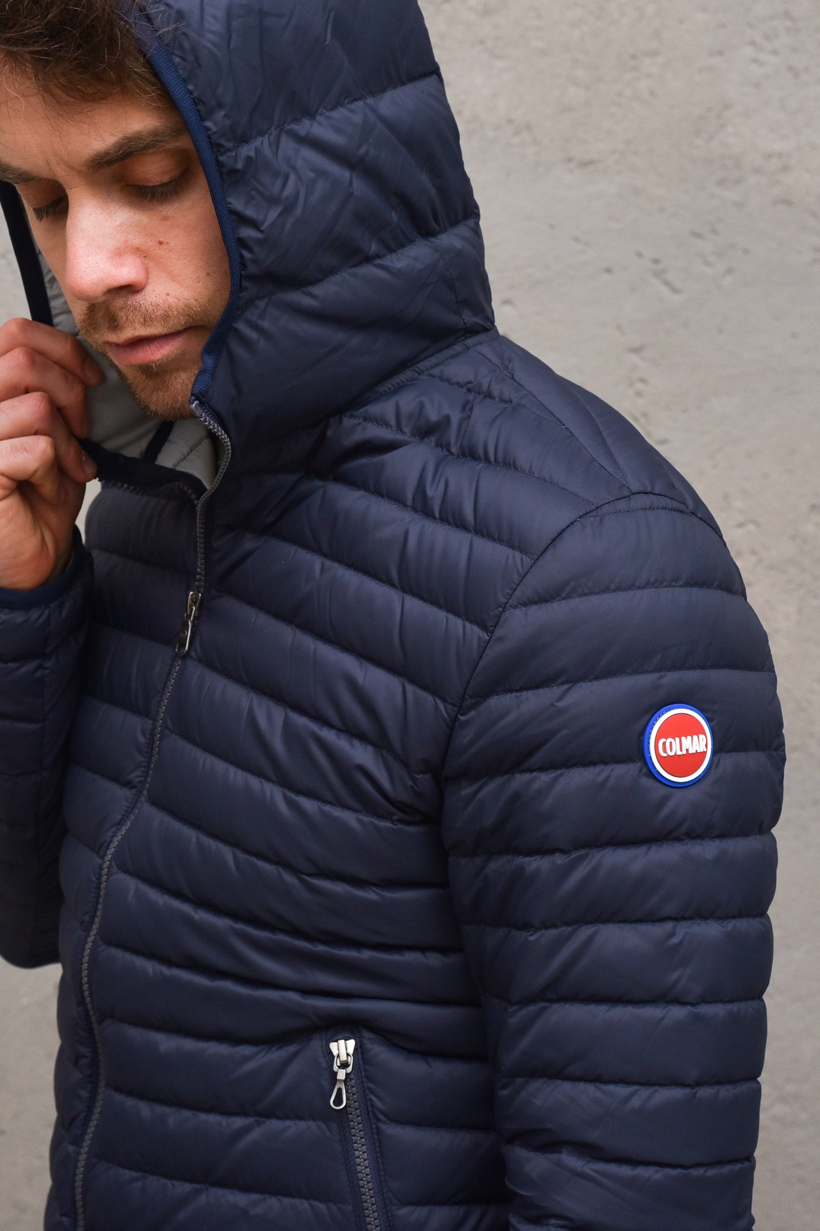 Piumino uomo imbottito 100%  piuma d'anatra con cappuccio - 1277RNAVY/BLUE