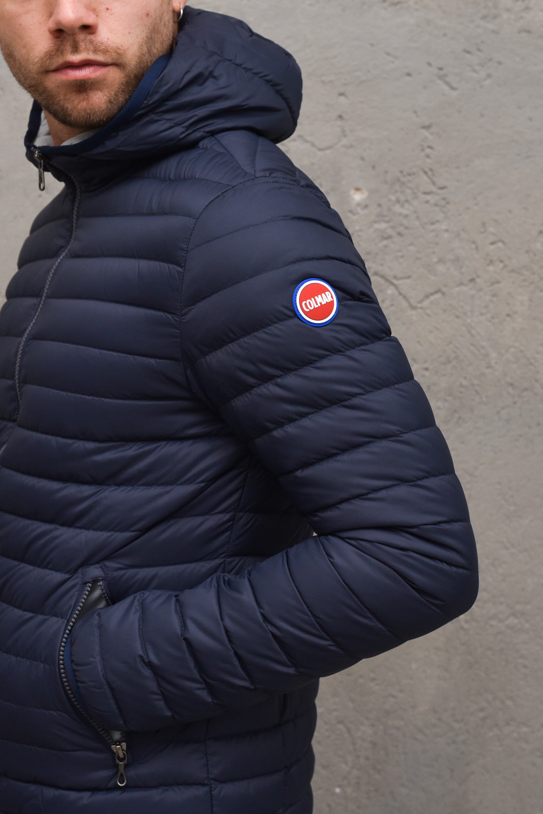 Piumino uomo imbottito 100%  piuma d'anatra con cappuccio - 1277RNAVY/BLUE