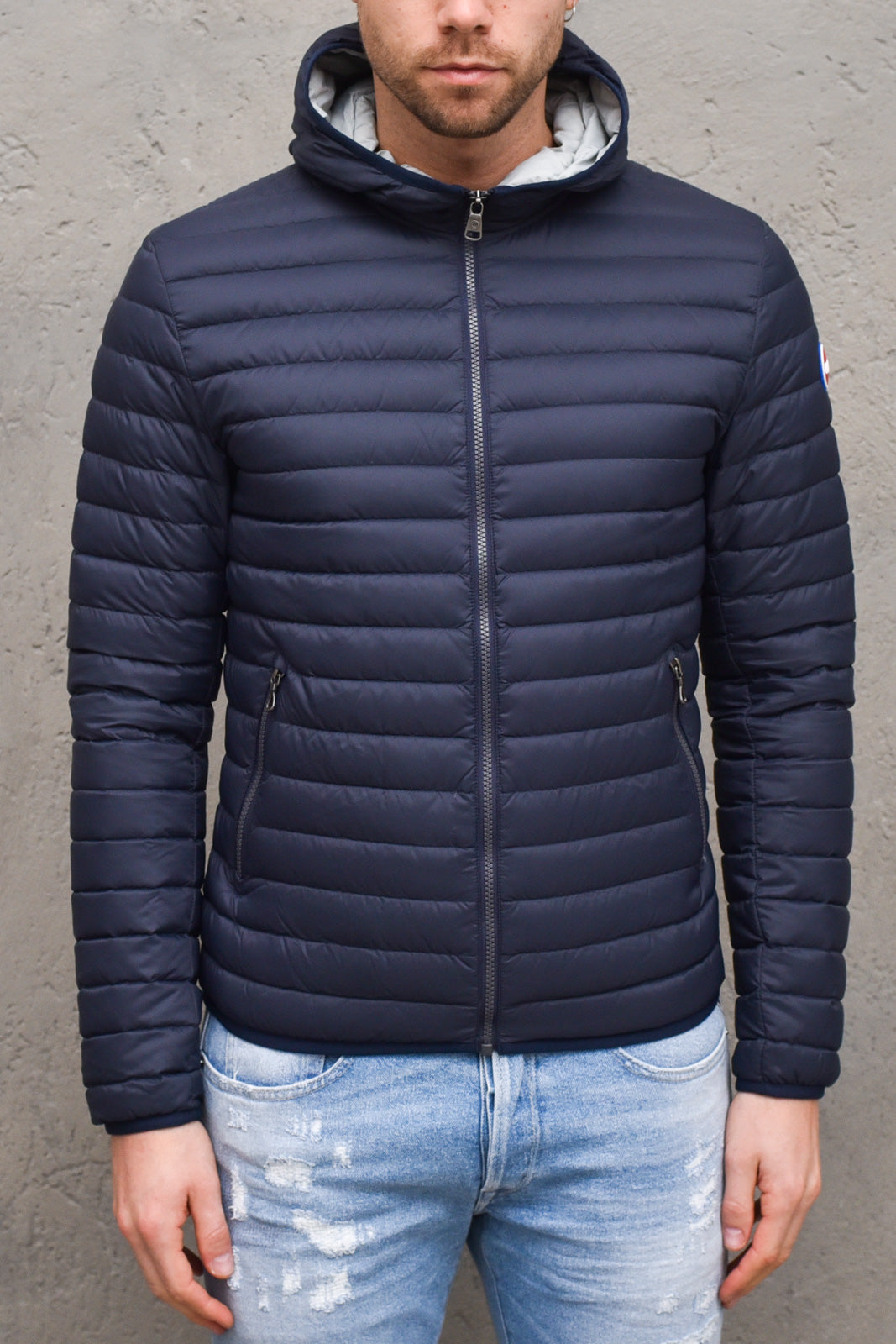 Piumino uomo imbottito 100%  piuma d'anatra con cappuccio - 1277RNAVY/BLUE