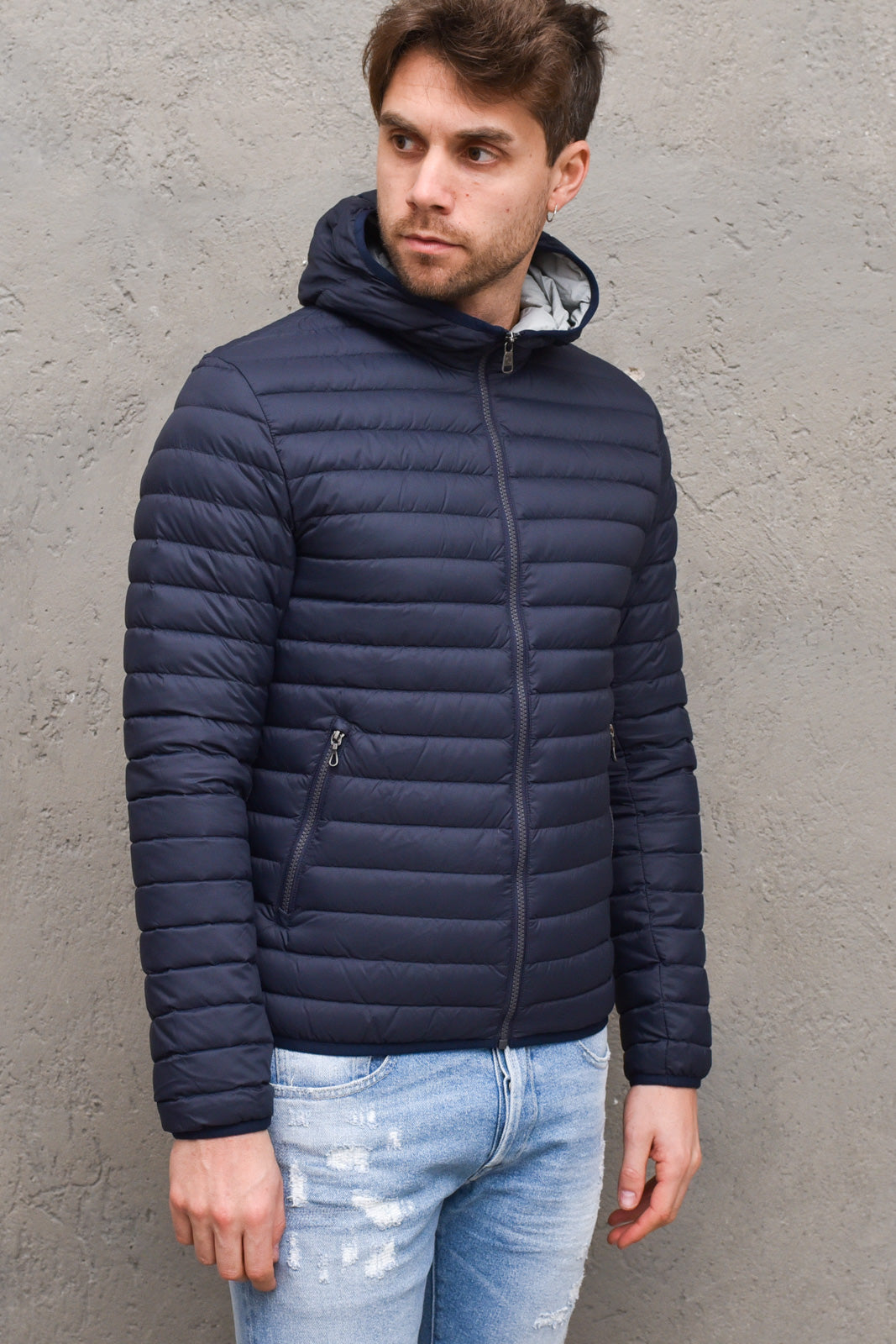 Piumino uomo imbottito 100%  piuma d'anatra con cappuccio - 1277RNAVY/BLUE