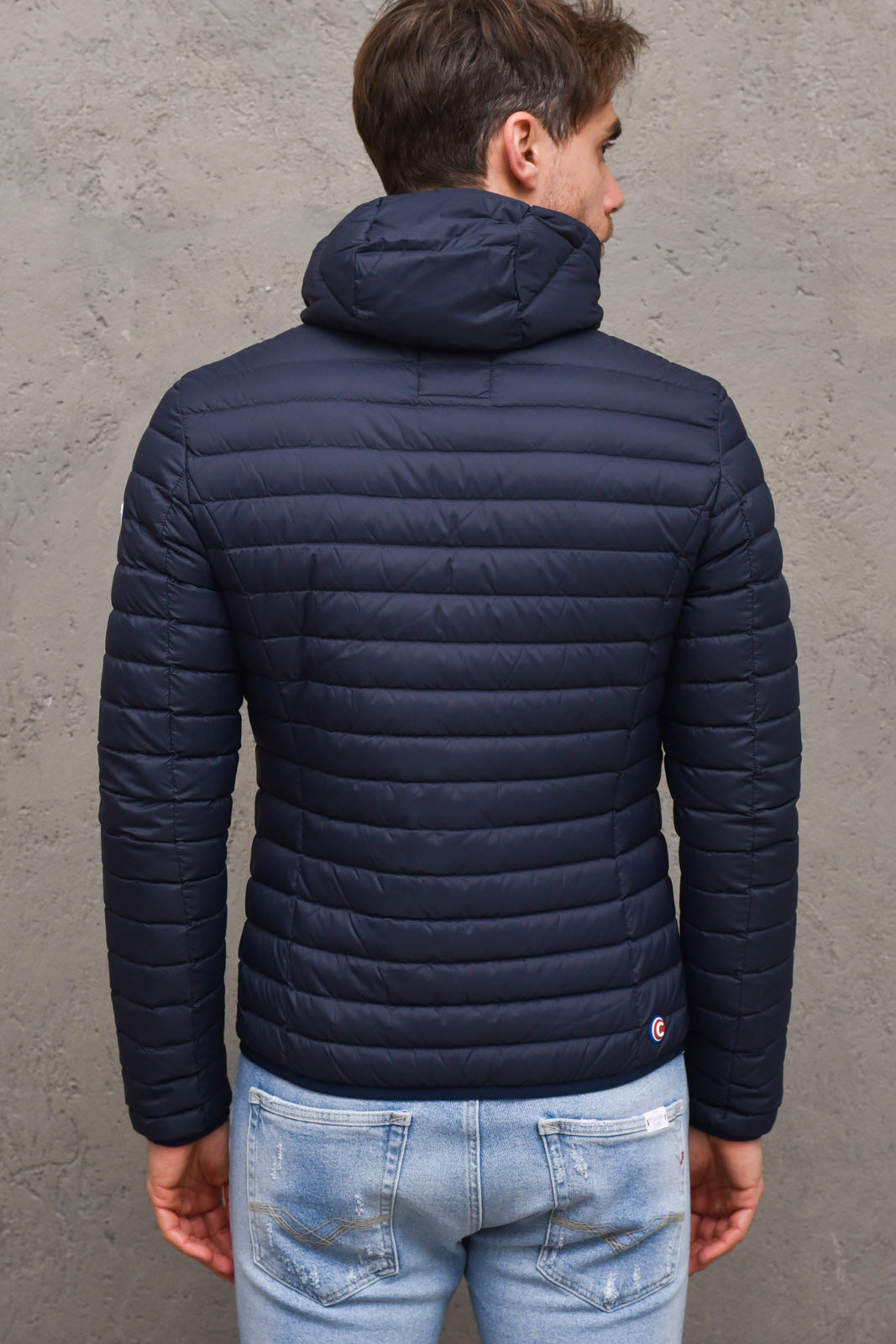 Piumino uomo imbottito 100%  piuma d'anatra con cappuccio - 1277RNAVY/BLUE