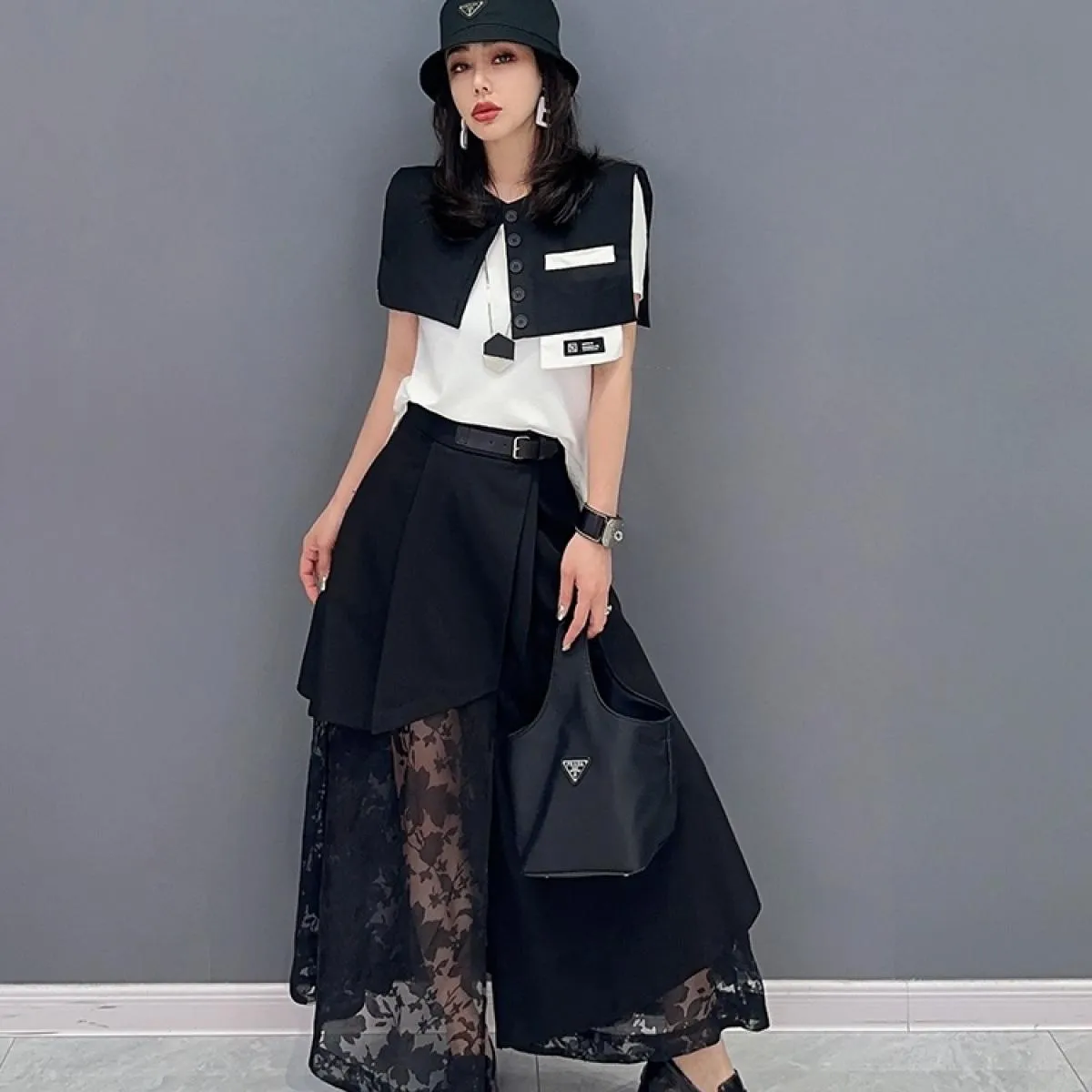 Qing Mo 2023 Primavera Estate New Fashion Casual Splice Mesh Gonna Donna Nero Patchwork Gonna femminile Zxf2366