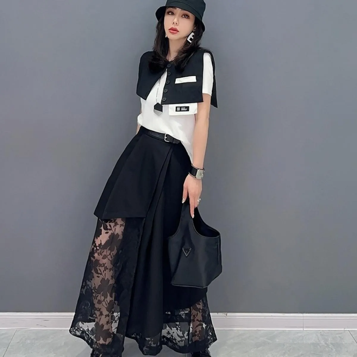 Qing Mo 2023 Primavera Estate New Fashion Casual Splice Mesh Gonna Donna Nero Patchwork Gonna femminile Zxf2366