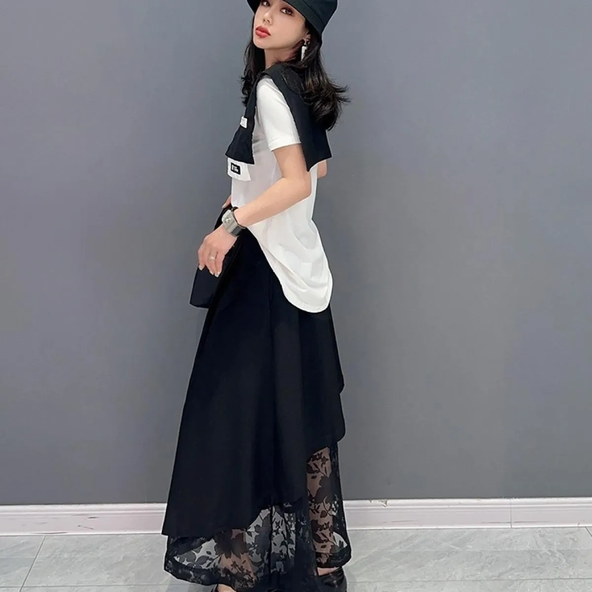 Qing Mo 2023 Primavera Estate New Fashion Casual Splice Mesh Gonna Donna Nero Patchwork Gonna femminile Zxf2366