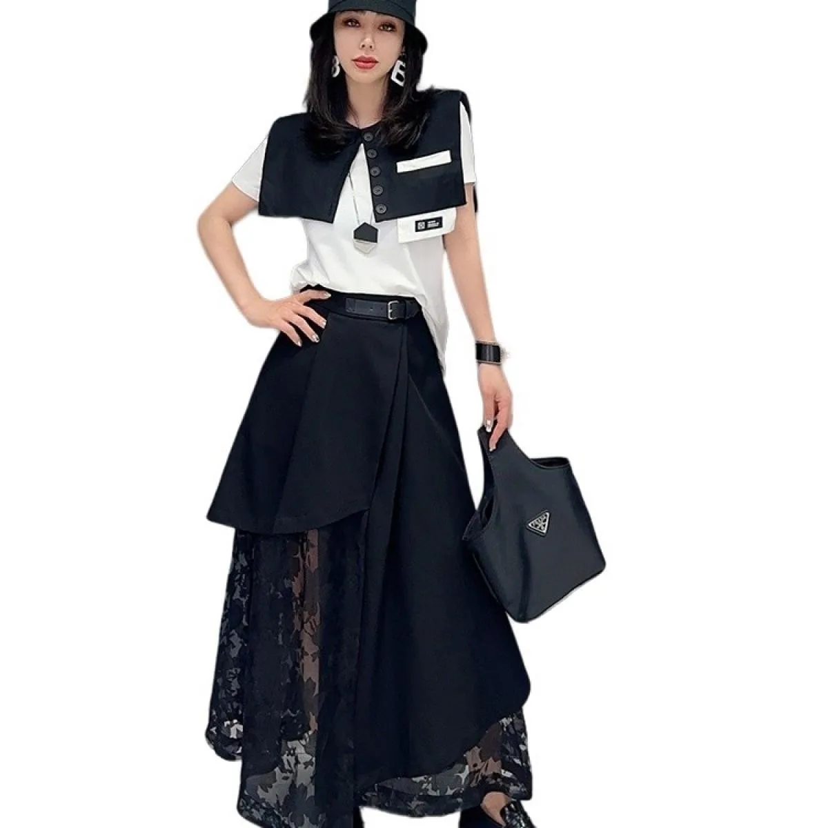 Qing Mo 2023 Primavera Estate New Fashion Casual Splice Mesh Gonna Donna Nero Patchwork Gonna femminile Zxf2366