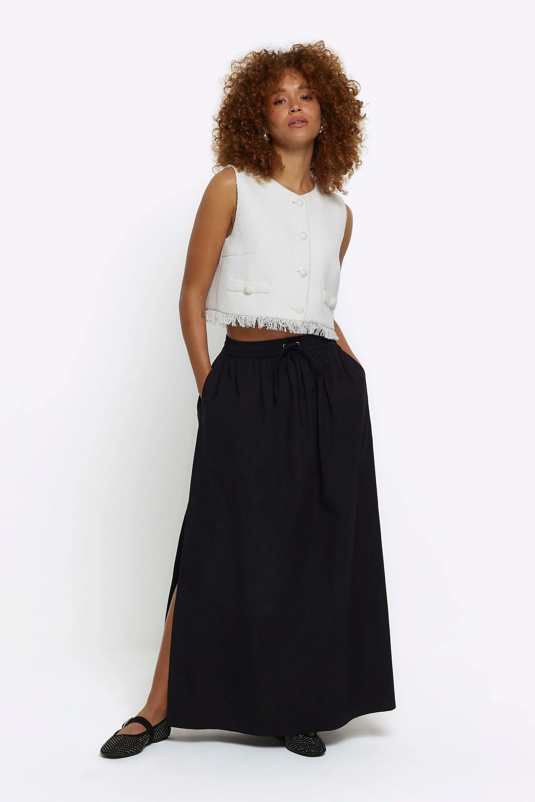 River Island - Gonna maxi in popeline con spacco laterale