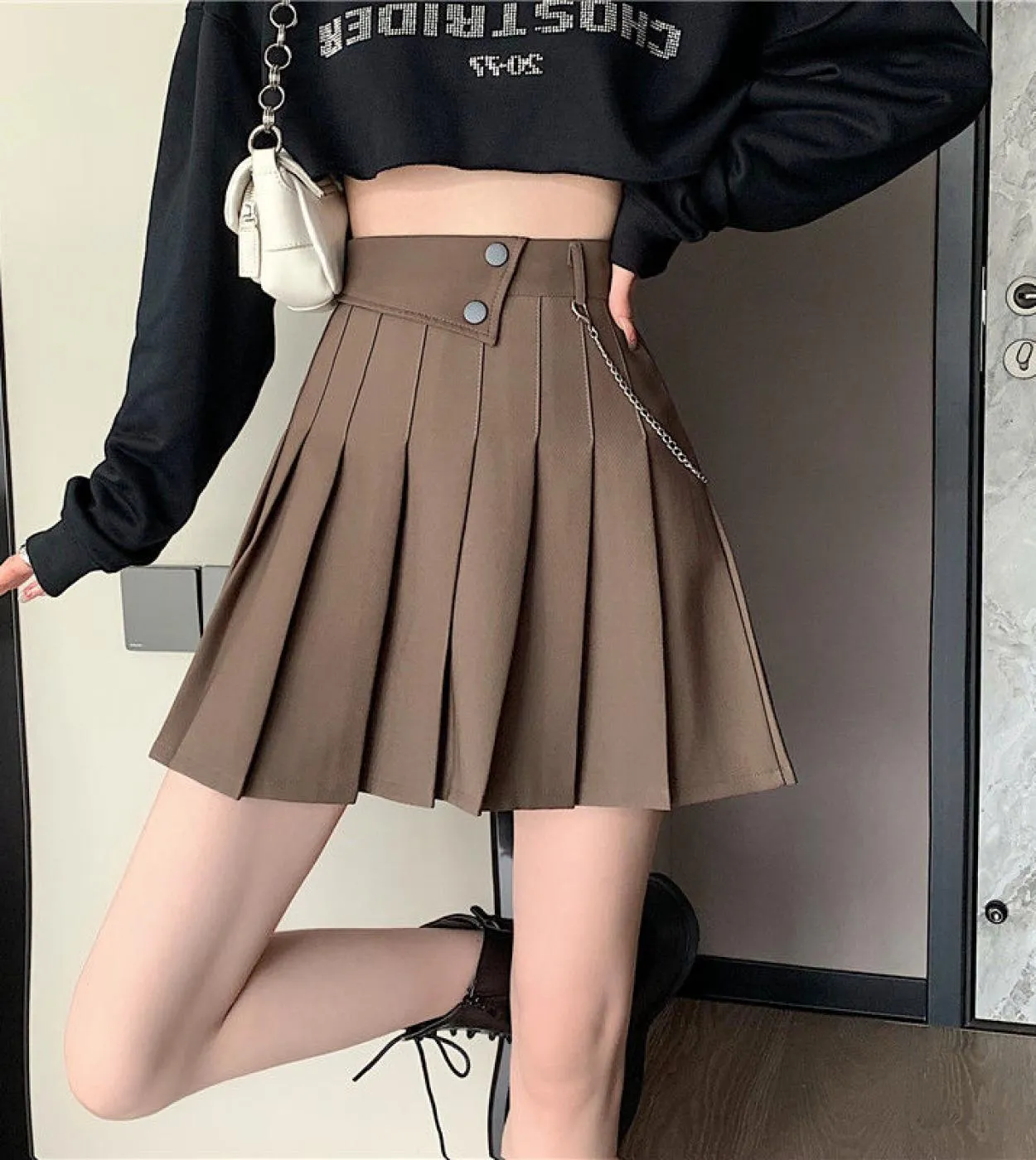 Stile nero pieghettato A Line Dance minigonne donna 2023 nuova primavera estate tasca a vita alta gonna corta da donna