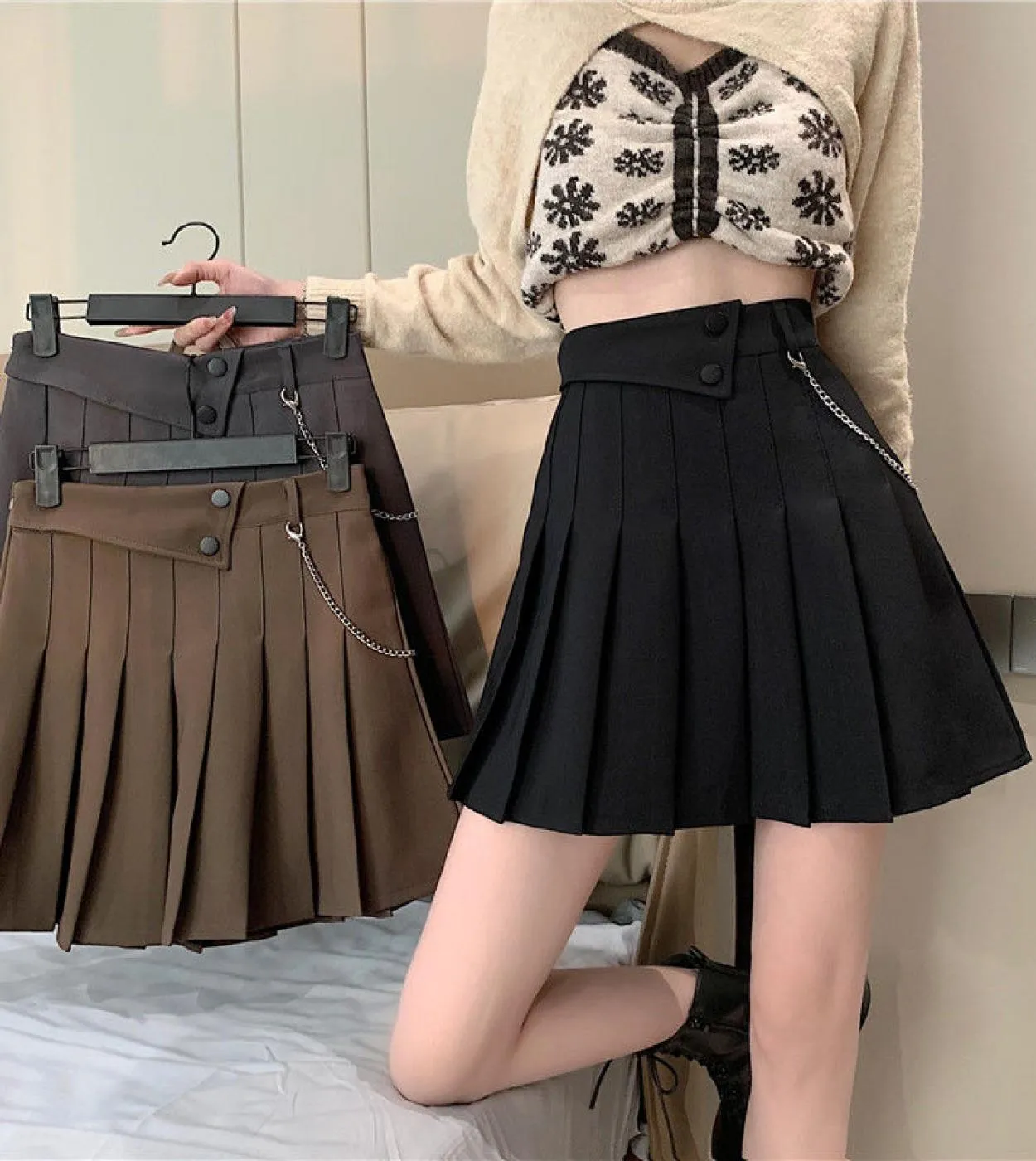 Stile nero pieghettato A Line Dance minigonne donna 2023 nuova primavera estate tasca a vita alta gonna corta da donna