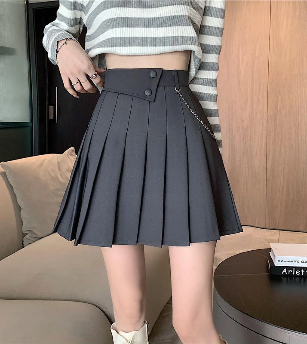 Stile nero pieghettato A Line Dance minigonne donna 2023 nuova primavera estate tasca a vita alta gonna corta da donna