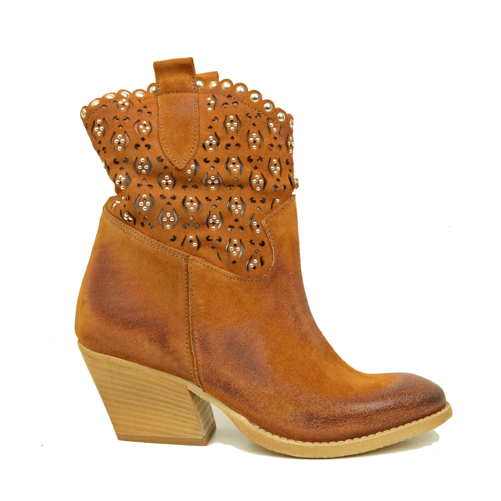 Stivaletti Texani Donna Cuoio in Pelle Scamosciata con Borchie