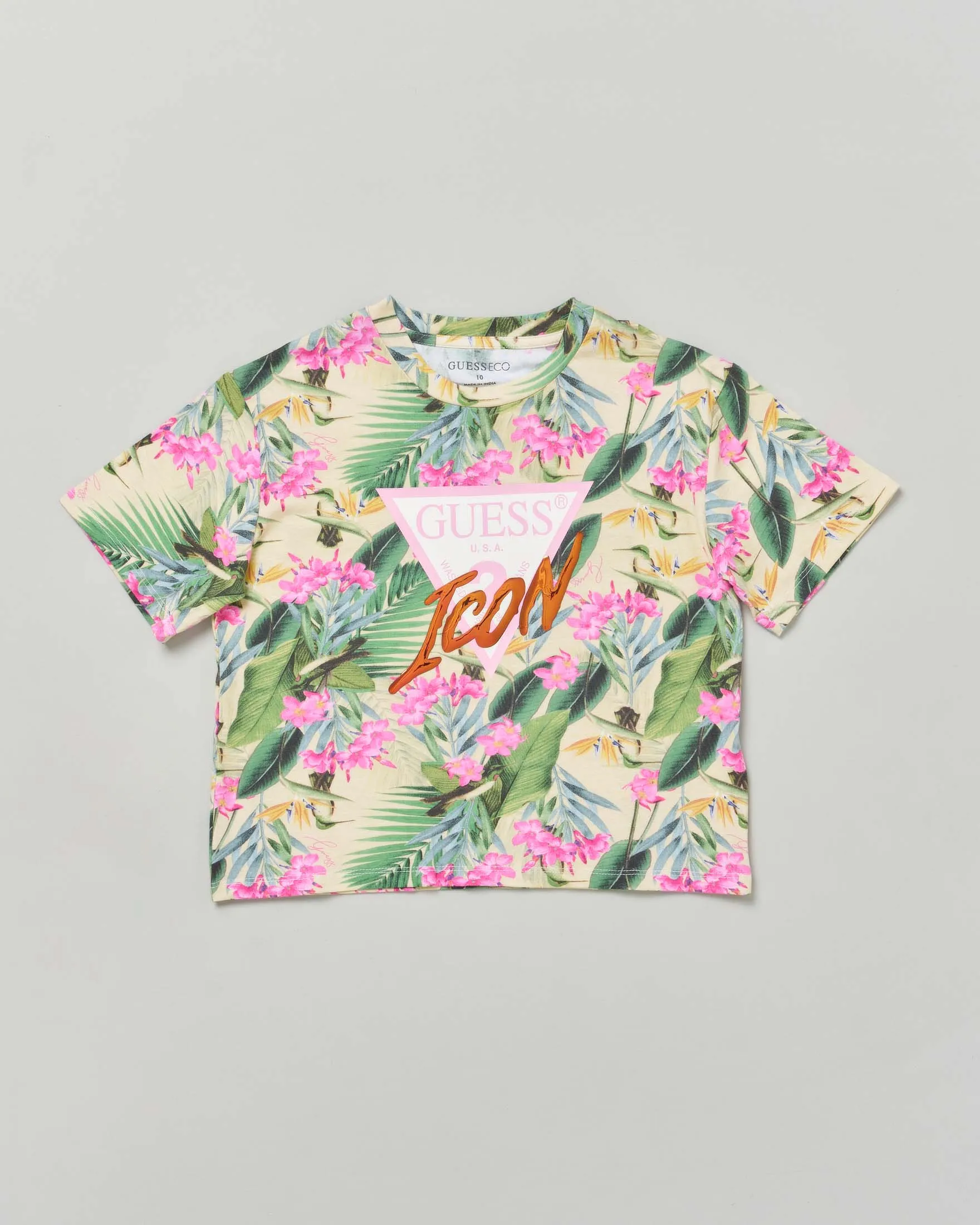 T-shirt cropped in cotone stratch a fantasia jungle multicolore con stampa logo triangolare 8-14 anni